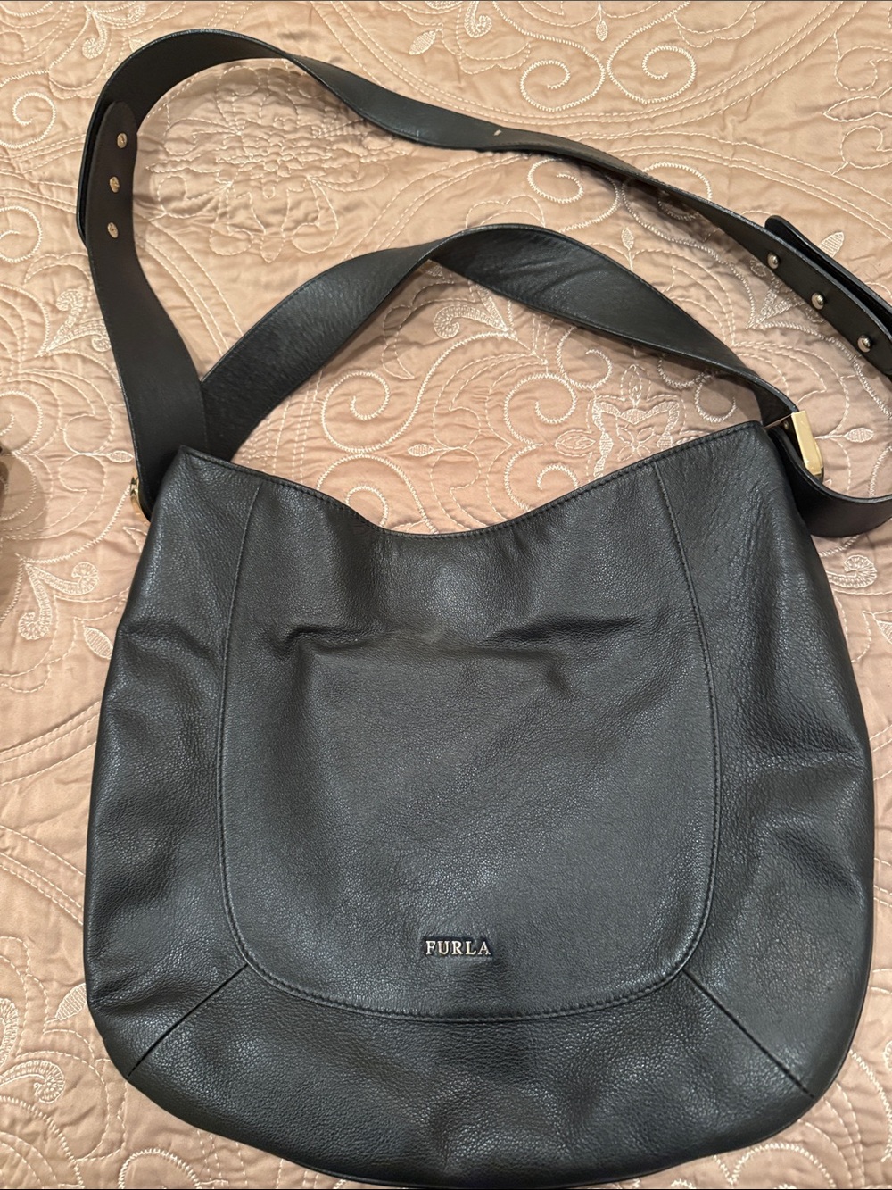 Furla Black Leather Crossbody Shoulder Bag with Wide Strap